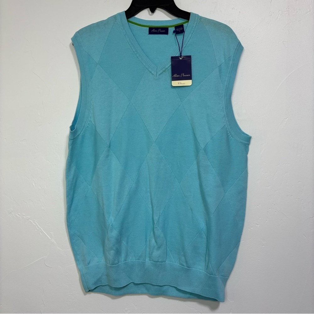 Alan Flusser Blue Men's Sweater Vest Argyle NWT Cotton Large Pullover FLAW